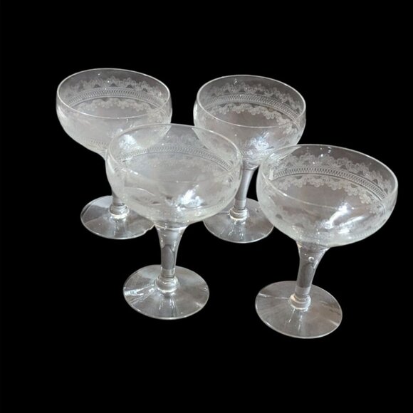 Fostoria Clover Leaf Etched Champagne Sherbet Coupes 4.5 Inch Set Of 4 vintage - Picture 4 of 11